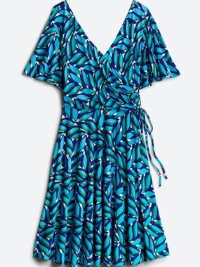 DM Collection Teal and Blue Leaf-Print Wrap Midi Dress Stitch Fix 22W
